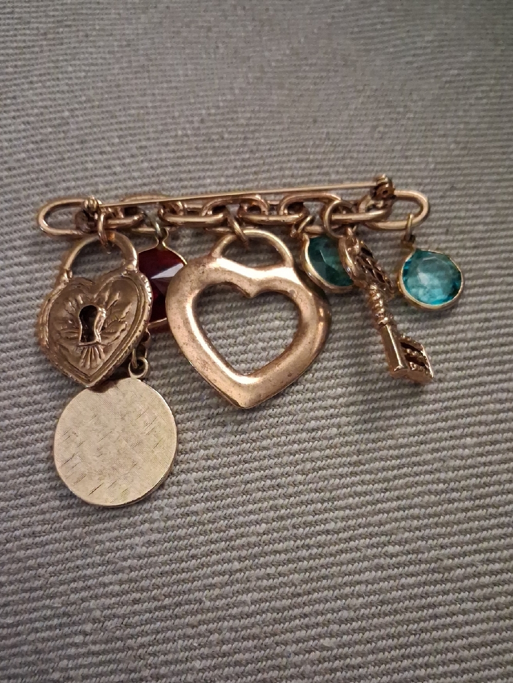 Vintage Gold-Tone Heart & Key Charm Pin Brooch with Teal Accents